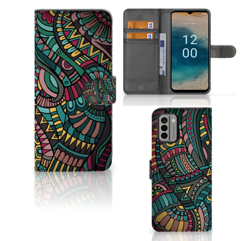 Nokia G22 Telefoon Hoesje Aztec met kleurrijke print, ruimte voor pasjes, ideaal als cadeau 🎁 voor bescherming en uitstraling.