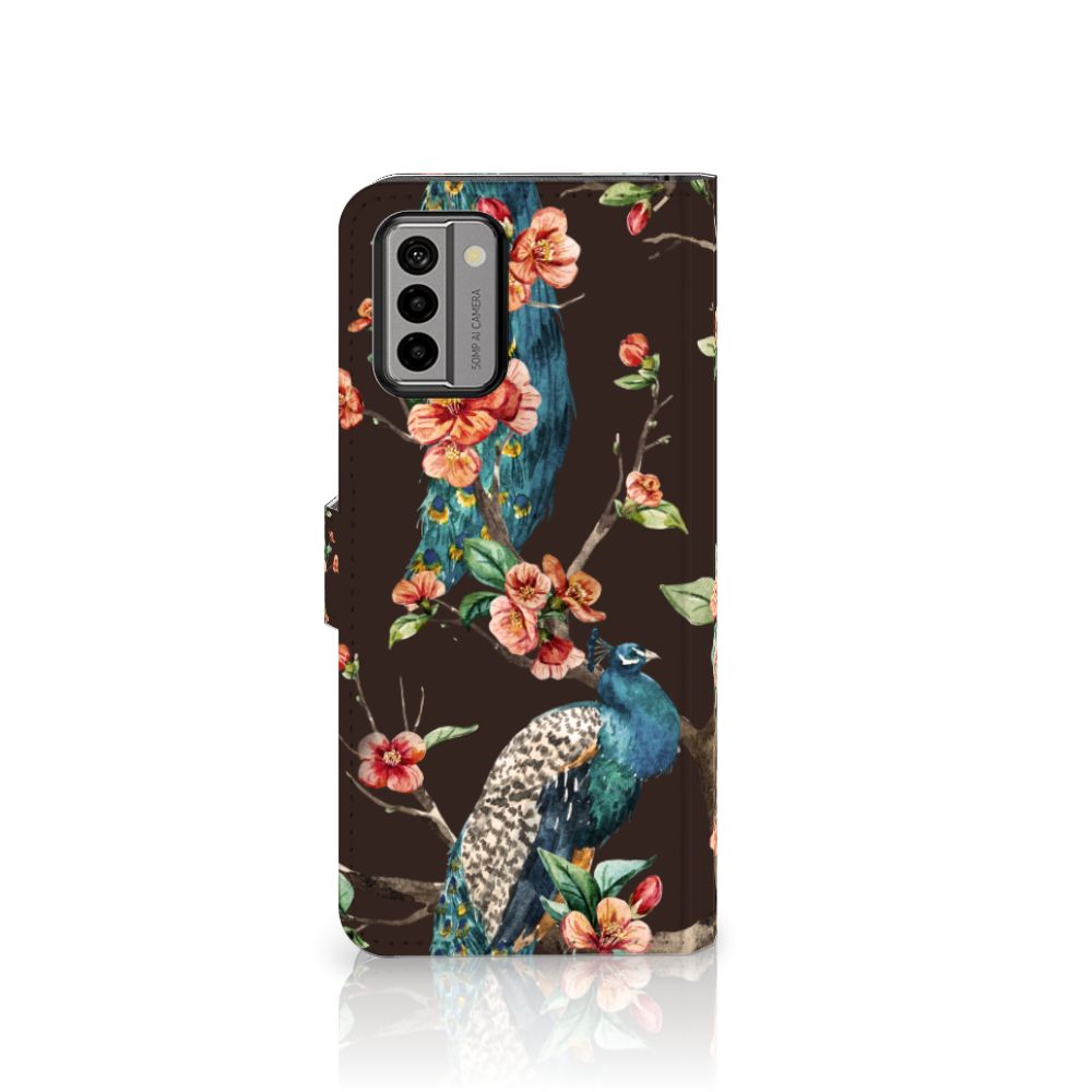 Nokia G22 Telefoonhoesje met Pasjes Pauw met Bloemen telefoonhoesje pauw bloemen brown aanzicht