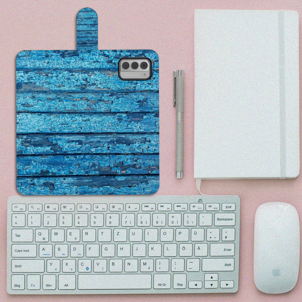 Nokia G42 Book Style Case Wood Blue bookhoesje blauw hout aanzicht