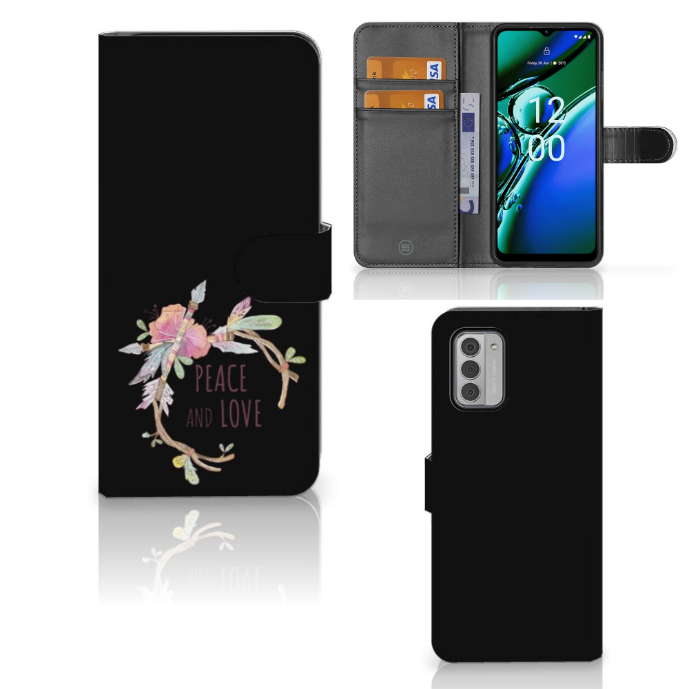 Nokia G42 Leuk Hoesje Boho Text telefoonhoesje design Peace and Love aanzicht