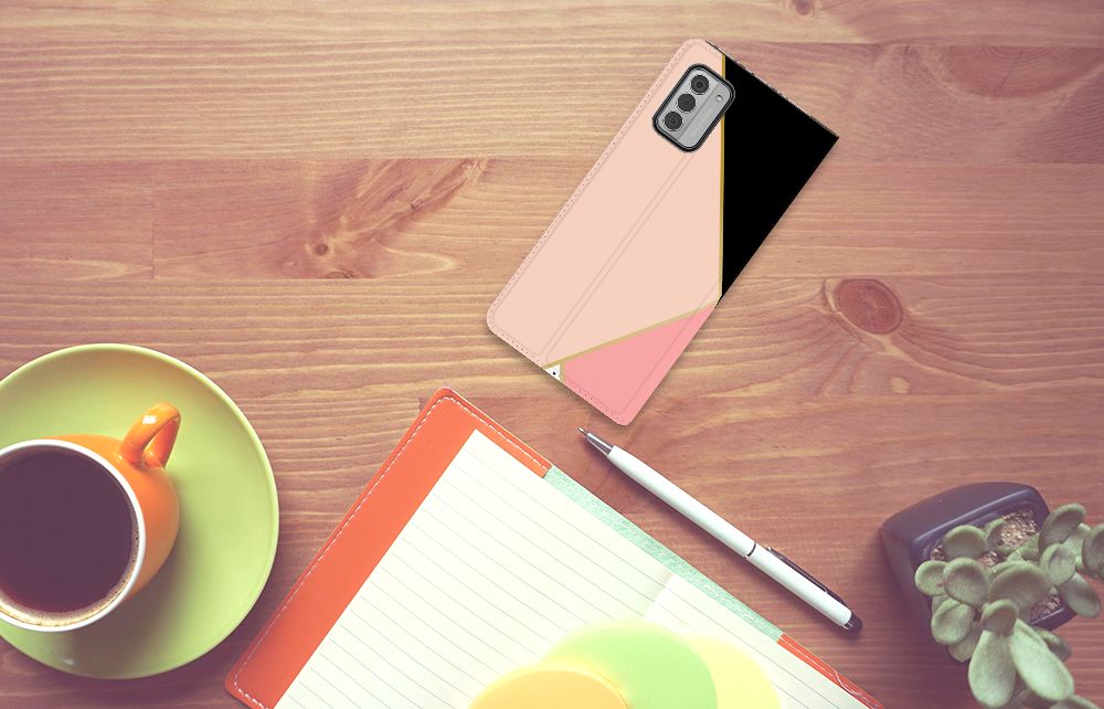 Nokia G42 Stand Case Zwart Roze Vormen case design Black Pink Shapes aanzicht