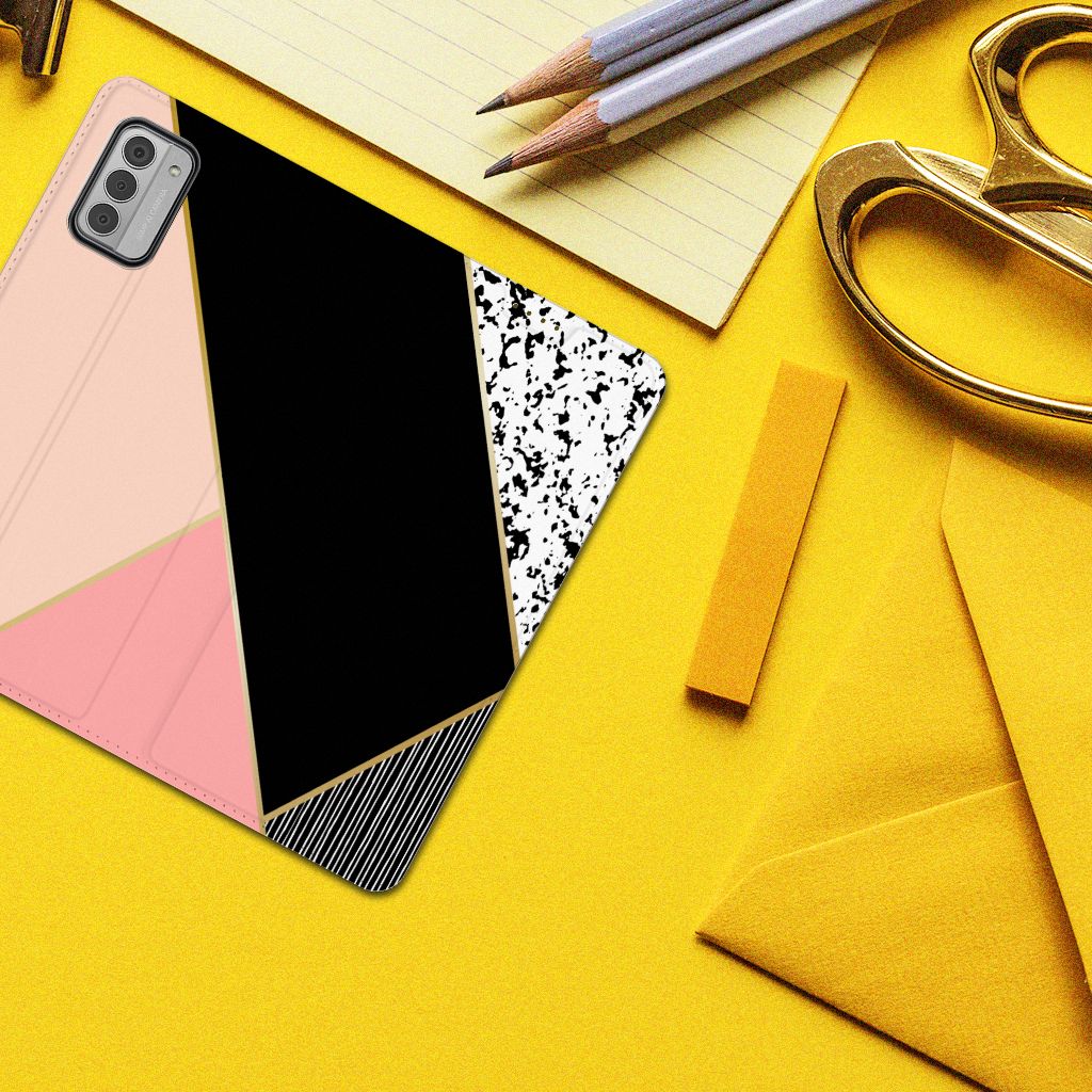 Nokia G42 Stand Case Zwart Roze Vormen design zwart roze geometrisch