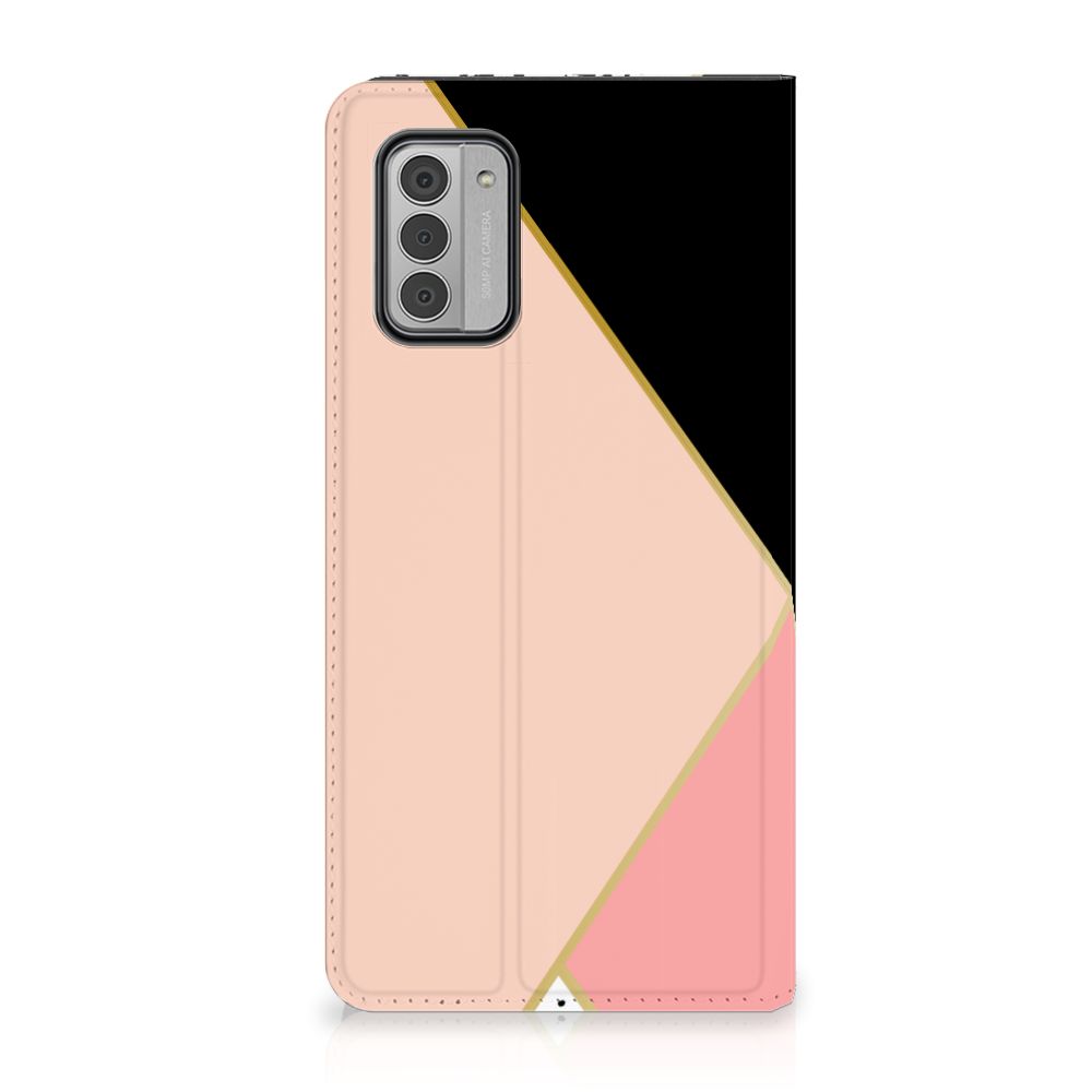 Nokia G42 Stand Case Zwart Roze Vormen design zwart rosegoud aanzicht