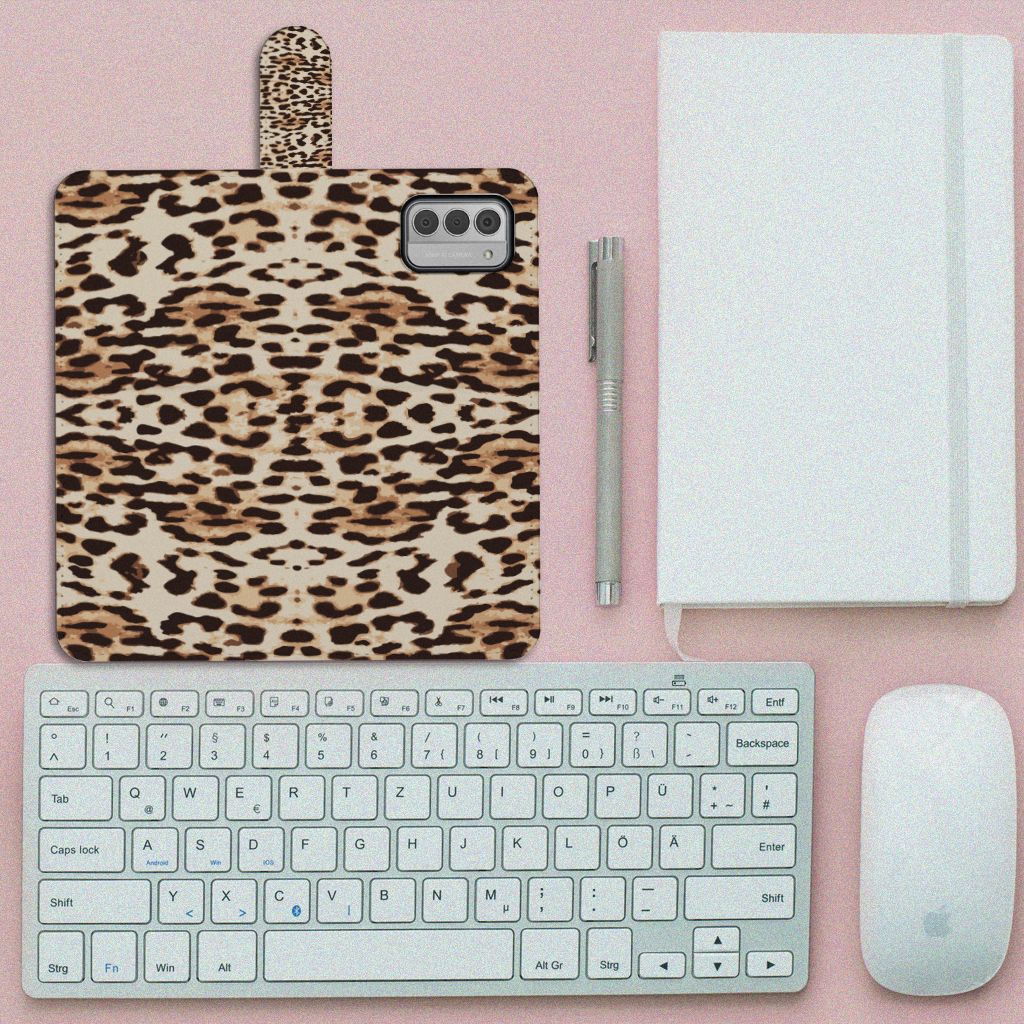 Nokia G42 Telefoonhoesje met Pasjes Leopard telefoonhoesje panterprint bovenaanzicht
