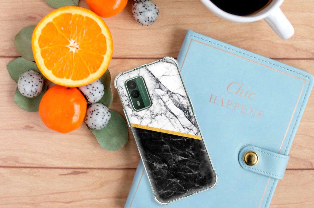 Nokia XR21 Anti-Shock Hoesje Marmer Wit Zwart - Origineel Cadeau Man B2C Telecom