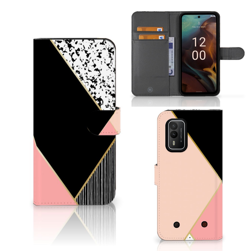 Nokia XR21 Book Case Zwart Roze Vormen bookcase geometrisch design voorkant zijkant