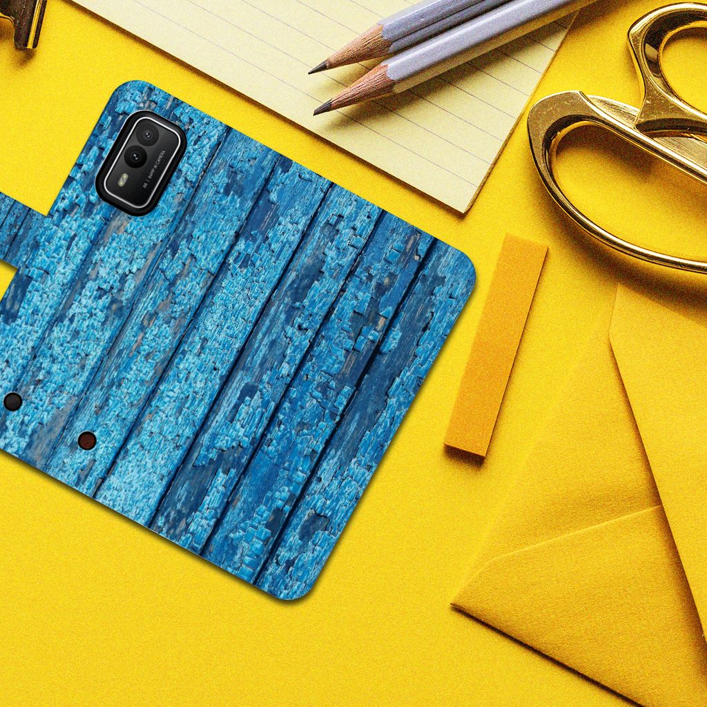 Nokia XR21 Book Style Case Wood Blue boekhoesje afgebladderd blauw hout bovenaanzicht
