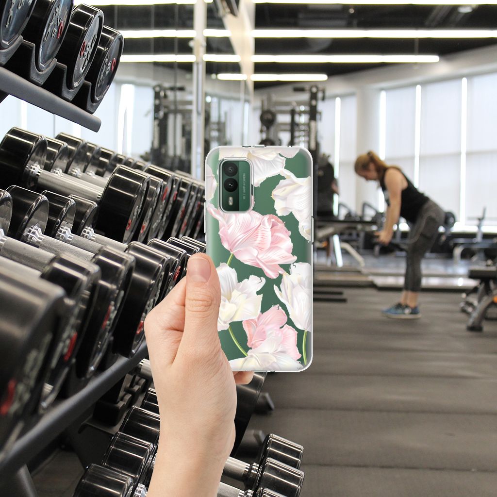 Nokia XR21 TPU Case Lovely Flowers in gym, showcasing floral design for style and protection.