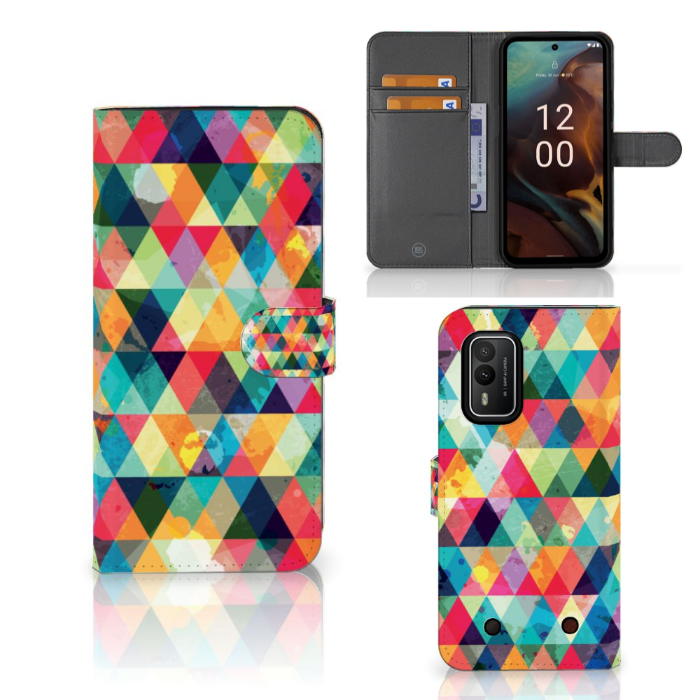 Nokia XR21 Telefoon Hoesje Geruit bookcase ruitjes kleurrijk aanzicht
