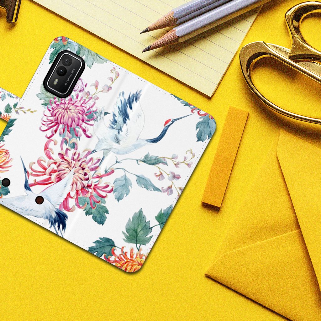 Nokia XR21 Telefoonhoesje met Pasjes Bird Flowers design bloemen alternatief