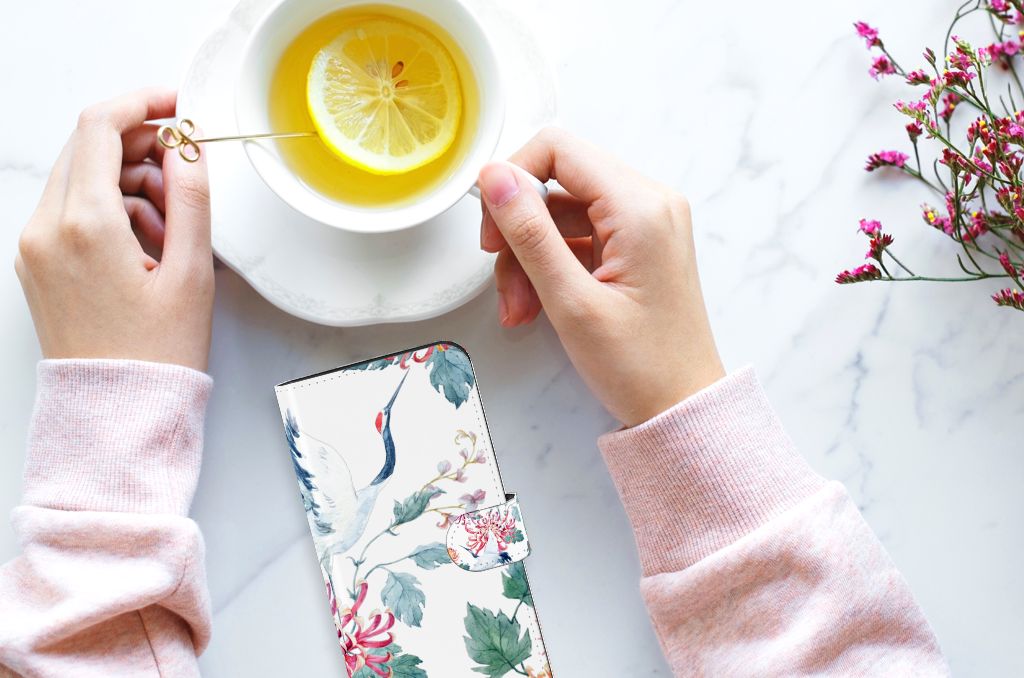 Nokia XR21 Telefoonhoesje met Pasjes Bird Flowers bovenaanzicht hand kopje thee