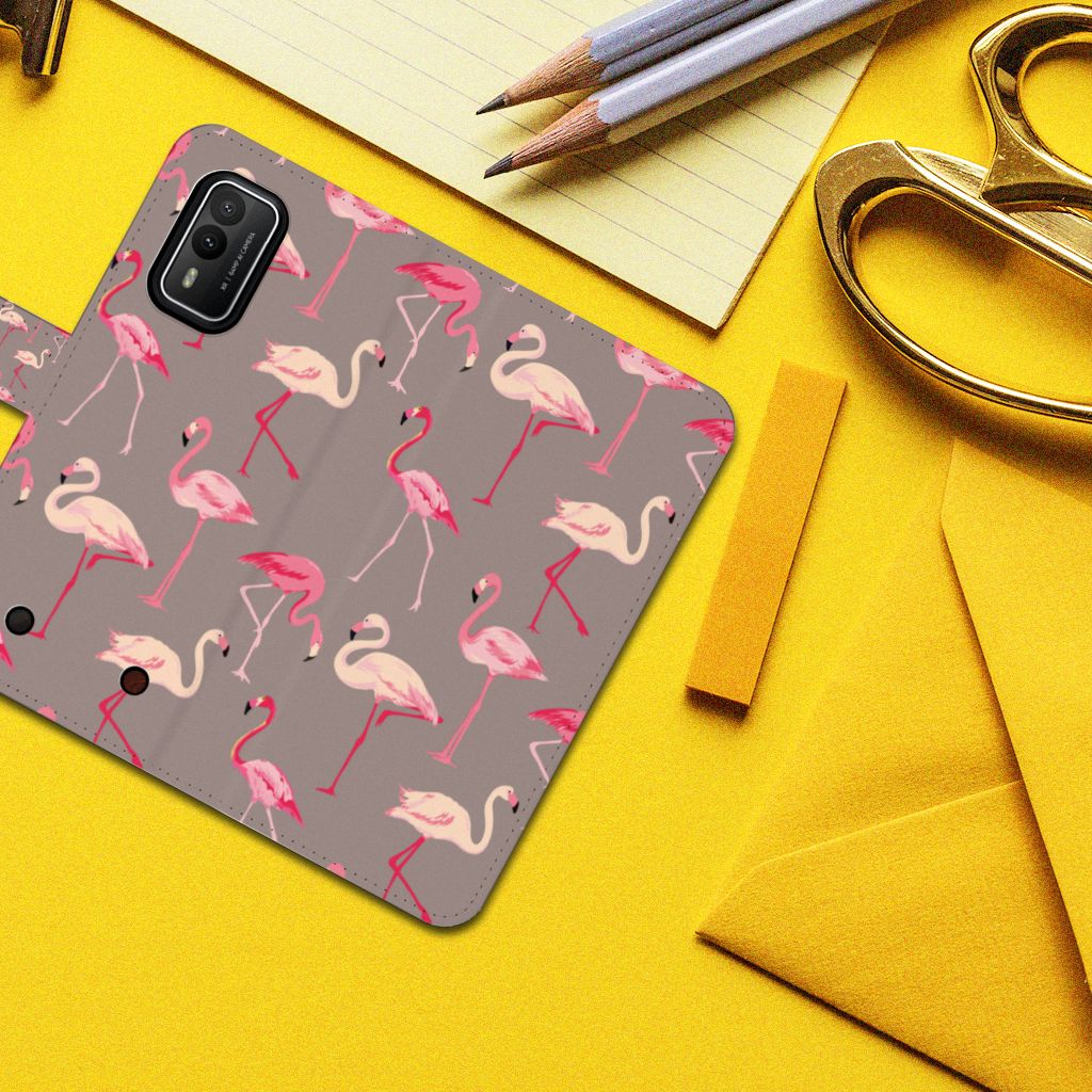 Nokia XR21 Telefoonhoesje met Pasjes Flamingo design flamingo aanzicht