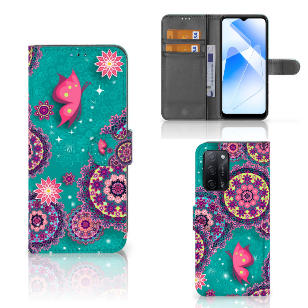 OPPO A16/A16s/A54s Hoesje Cirkels en Vlinders bookstyle case bloemen aanzicht