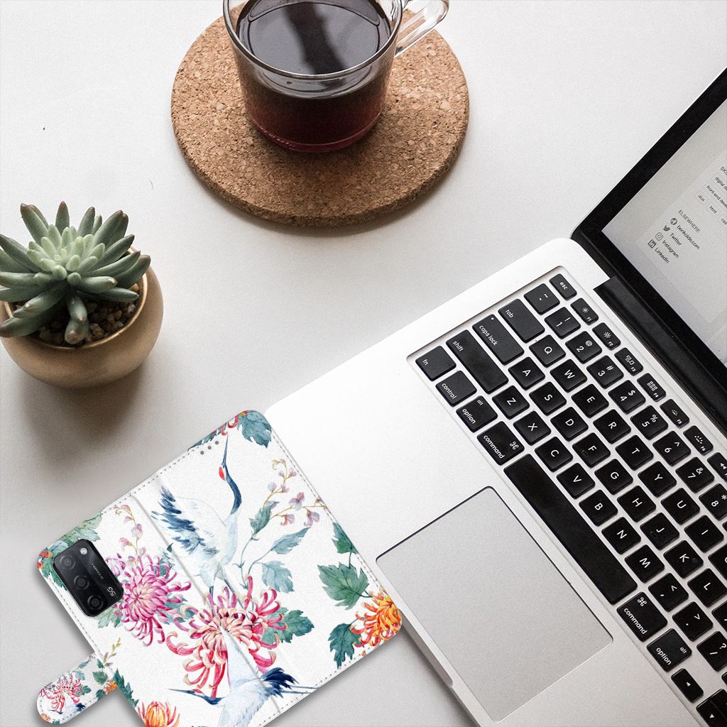 OPPO A16/A16s/A54s Telefoonhoesje met Pasjes Bird Flowers