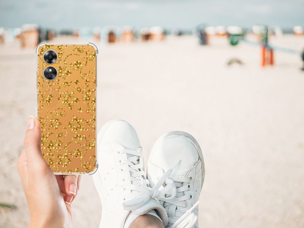 OPPO A17 Case Gouden Bloemen telefoonhoesje gouden bloemen strand aanzicht