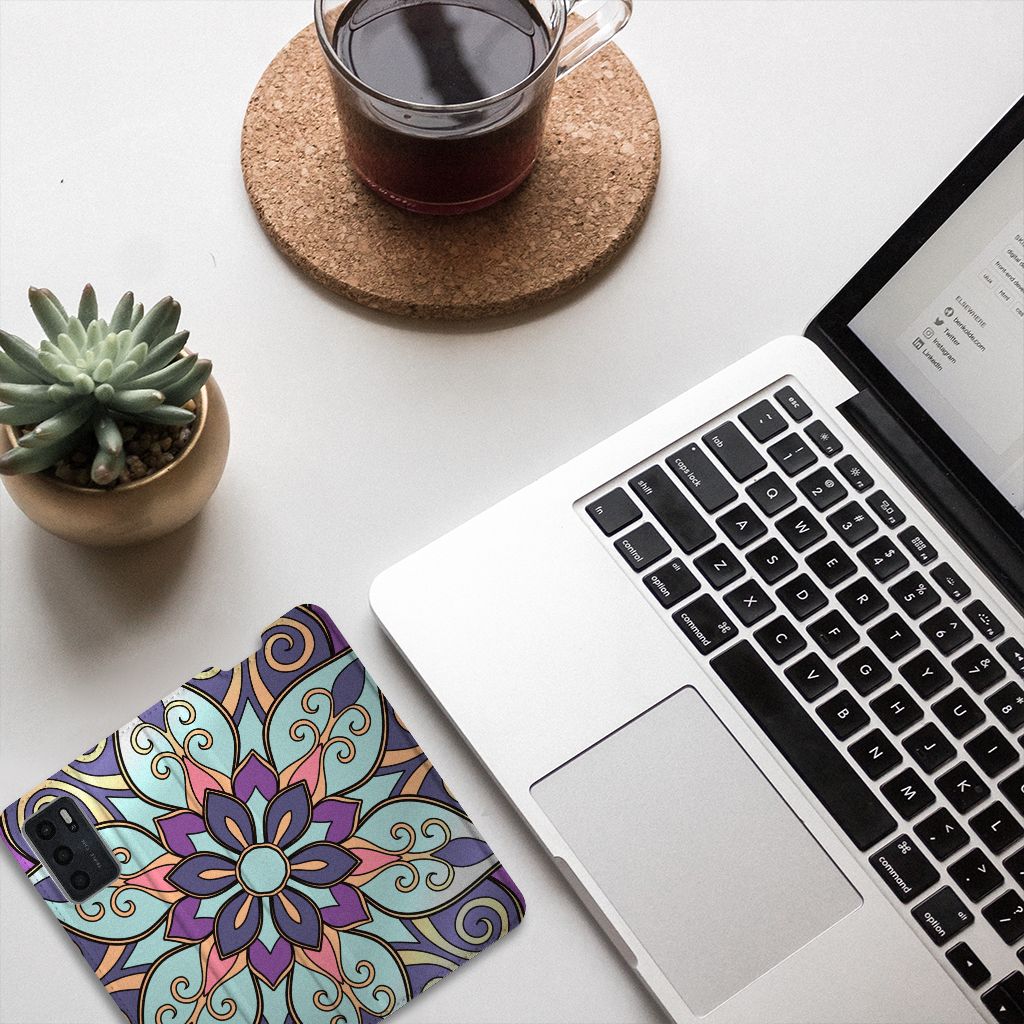 OPPO A54s | A16 | A16s Smart Cover Purple Flower design met kleurrijke bloemen bovenop een laptop met flesje thee