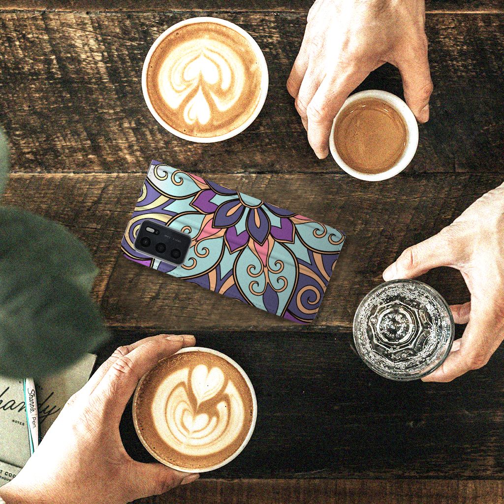 OPPO A54s | A16 | A16s Smart Cover Purple Flower design bloemen aanzicht