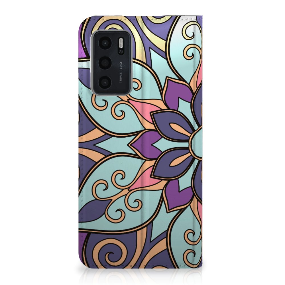 OPPO A54s | A16 | A16s Smart Cover Purple Flower design bloemen aanzicht