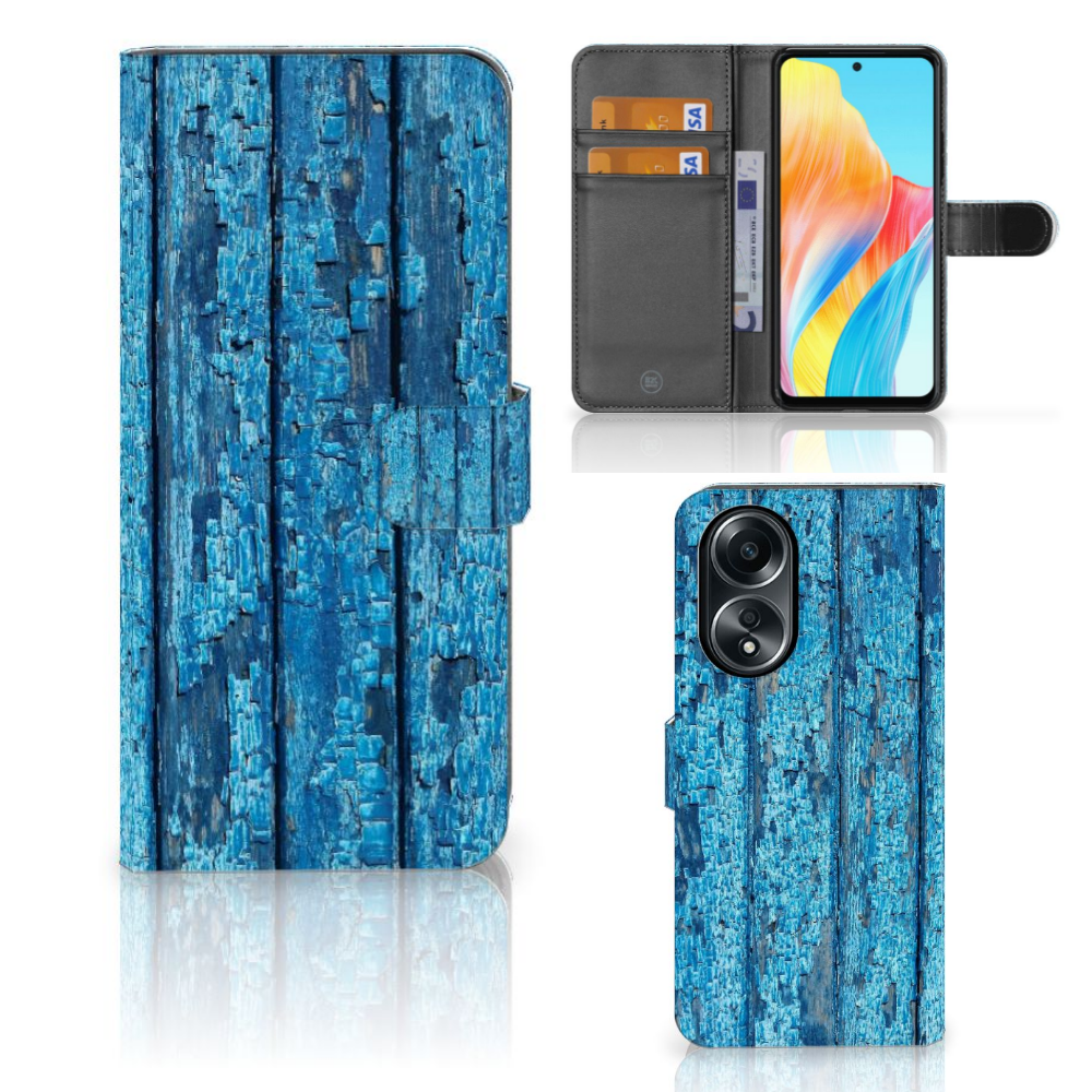 OPPO A58 4G Book Style Case Wood Blue met afgebladderd blauw hout patroon en ruimte voor pasjes en geld. 🎁
