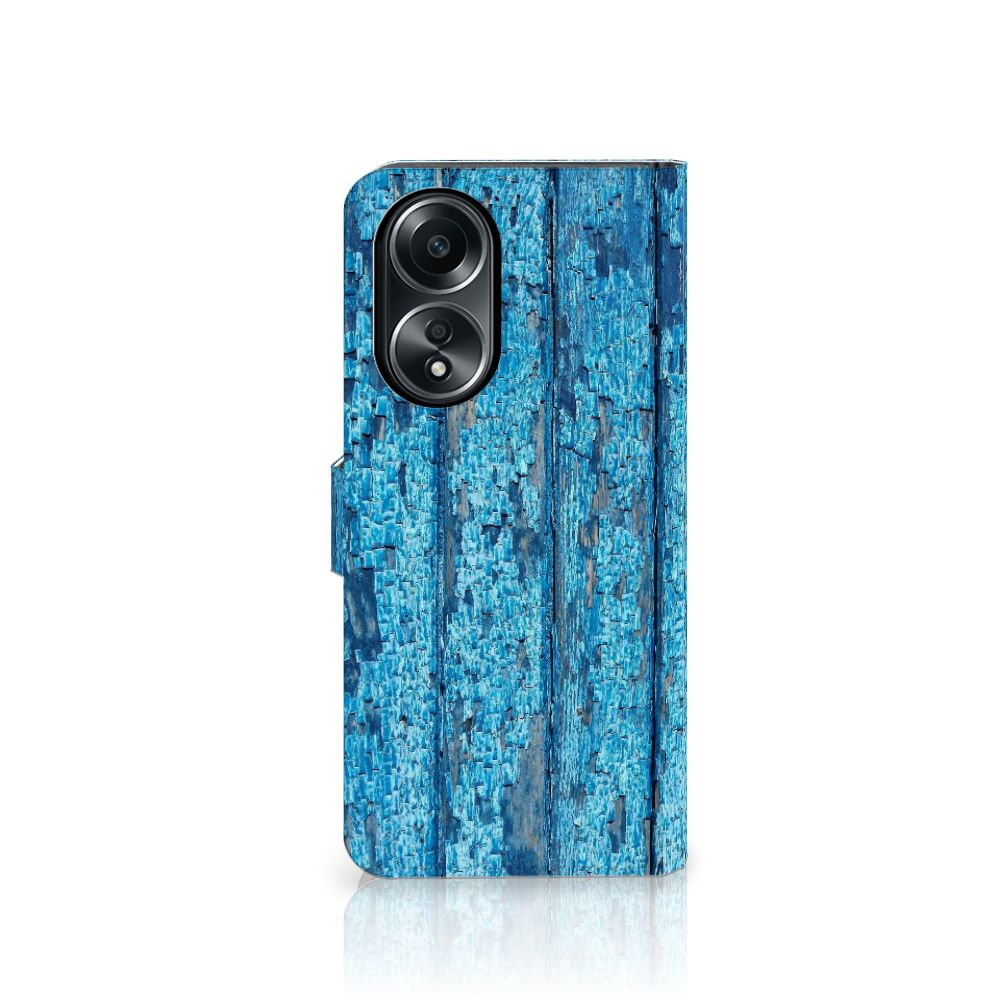 OPPO A58 4G Book Style Case Wood Blue met prachtig blauw afgebladderd houtdesign voor gebruiksgemak en bescherming.