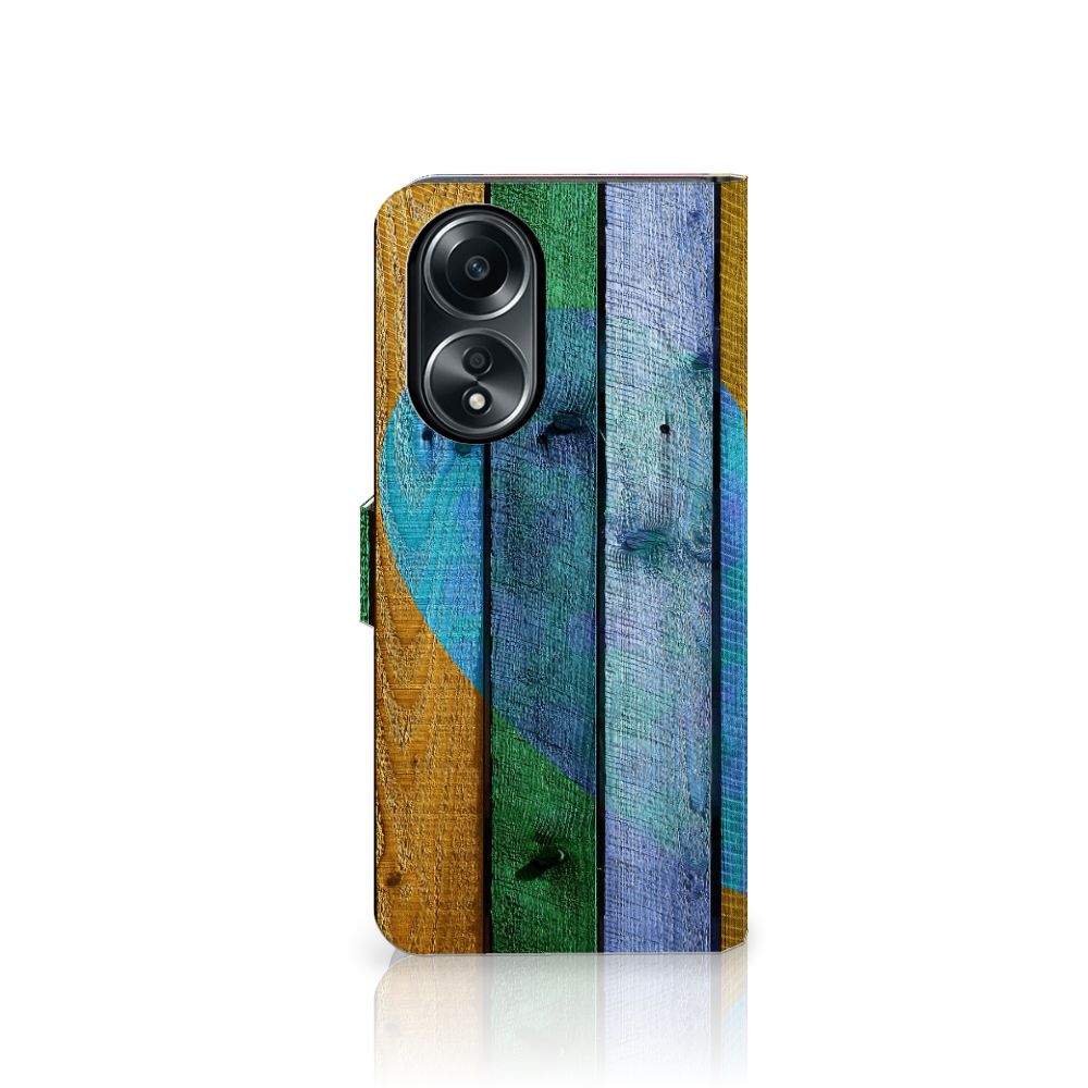 OPPO A58 4G Book Style Case Wood Heart - Cadeau voor je Vriend met kleurrijk houtdesign 🌈