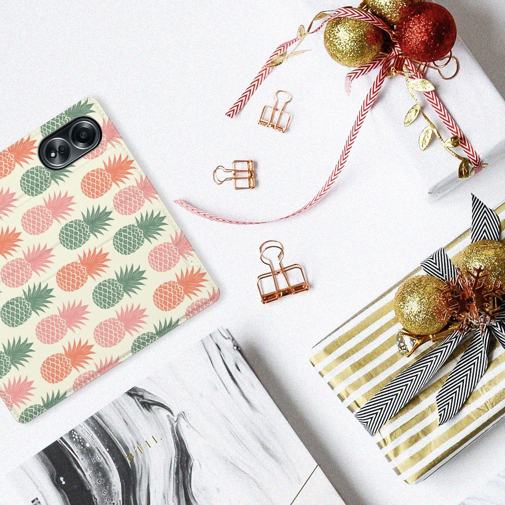 OPPO A58 4G Flip Style Cover Ananas telefoonhoesje ananas patroon bovenaanzicht