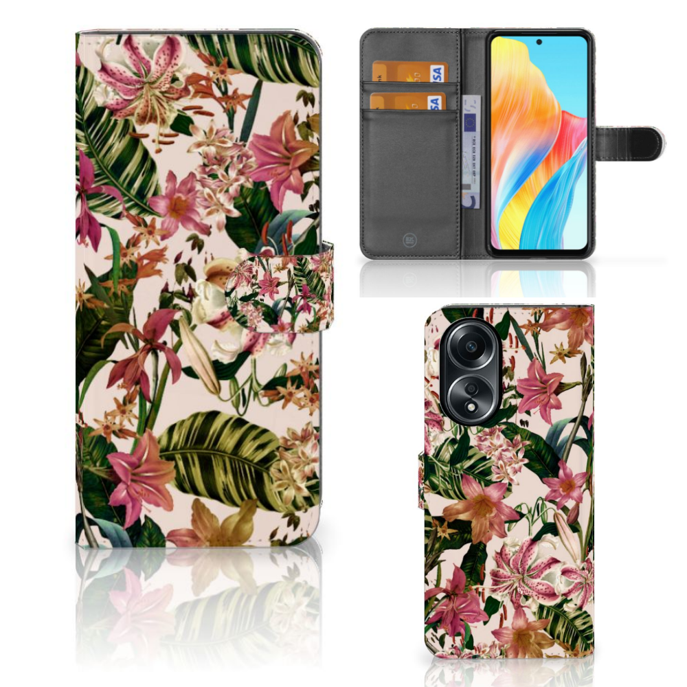 OPPO A58 4G Hoesje Flowers hoesje bloemen tropisch groen