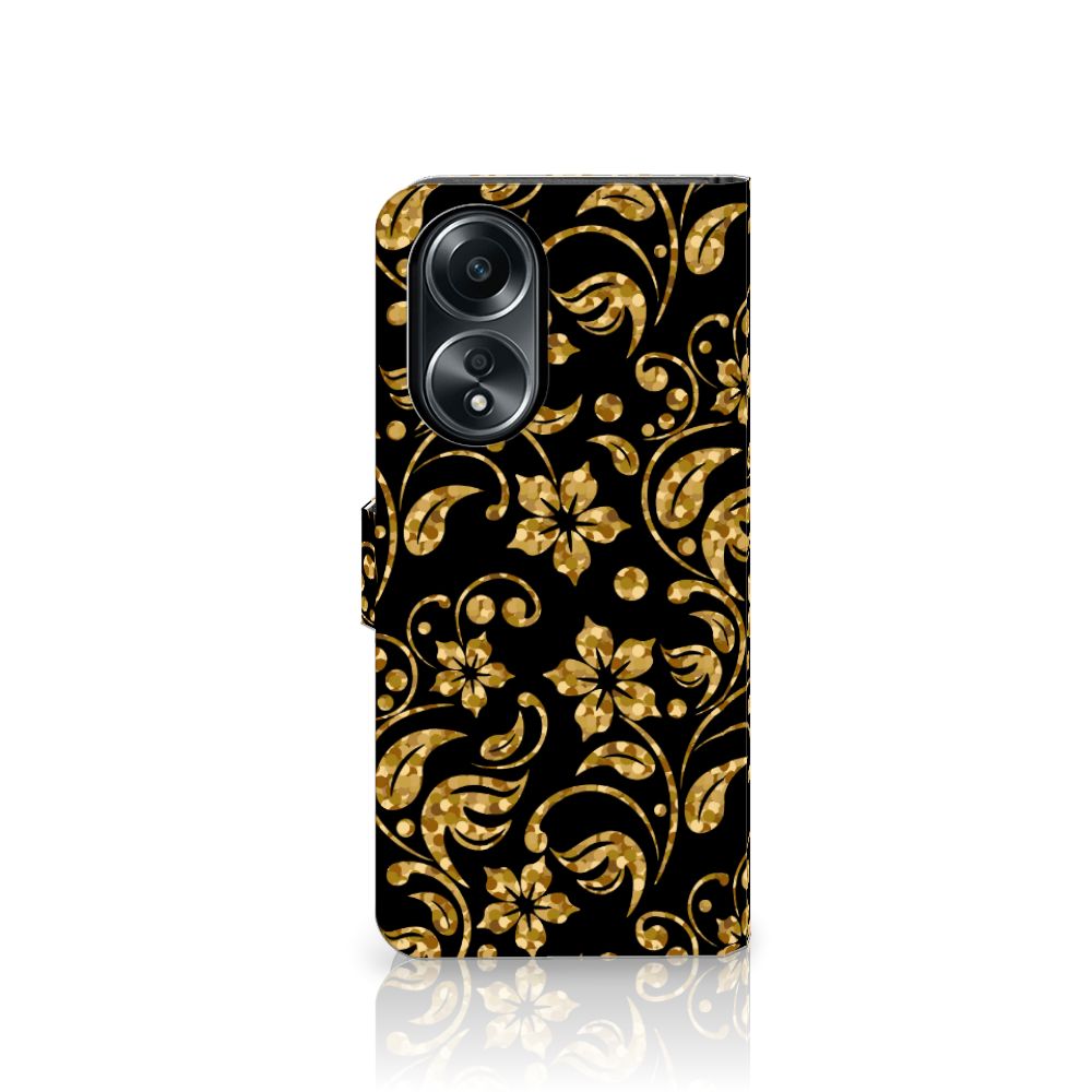 OPPO A58 4G Hoesje Gouden Bloemen met unieke gouden bloemenprint voor gebruiksgemak en stijl.