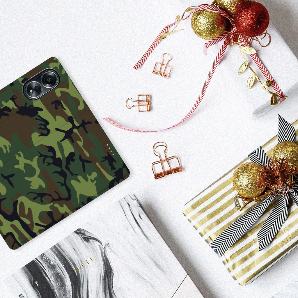 OPPO A58 4G Hoesje met Magneet Army Dark met camouflage design, cadeau-idee voor behoud van stijl en bescherming 🎁