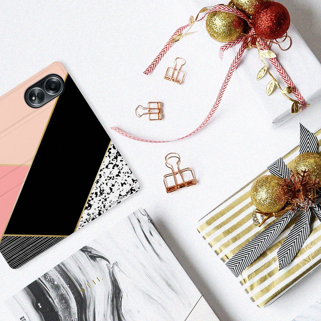 OPPO A58 4G Stand Case Zwart Roze Vormen design zwart roze vormen aanzicht