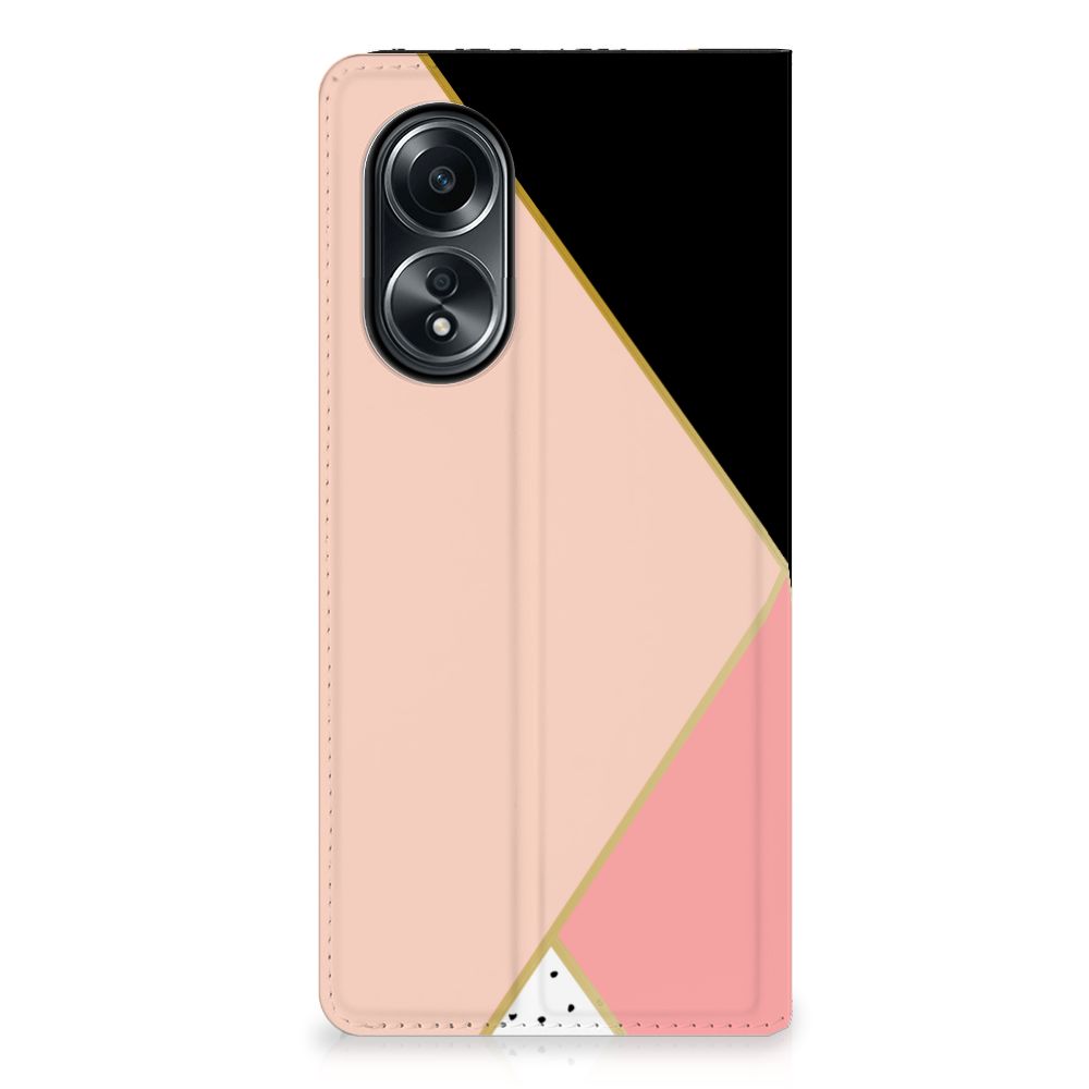 OPPO A58 4G Stand Case Zwart Roze Vormen design zwart roze aanzicht