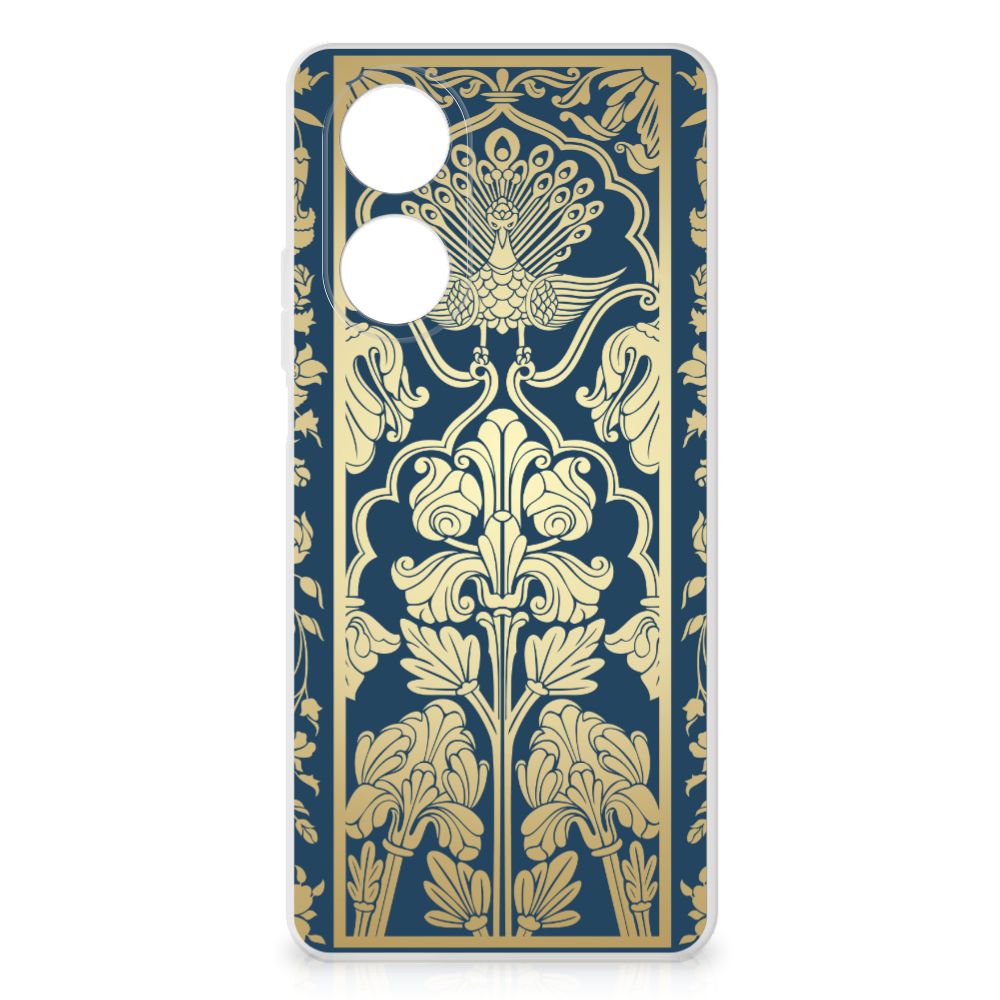 OPPO A58 4G TPU Case Beige Flowers design met peacock op donkerblauwe achtergrond