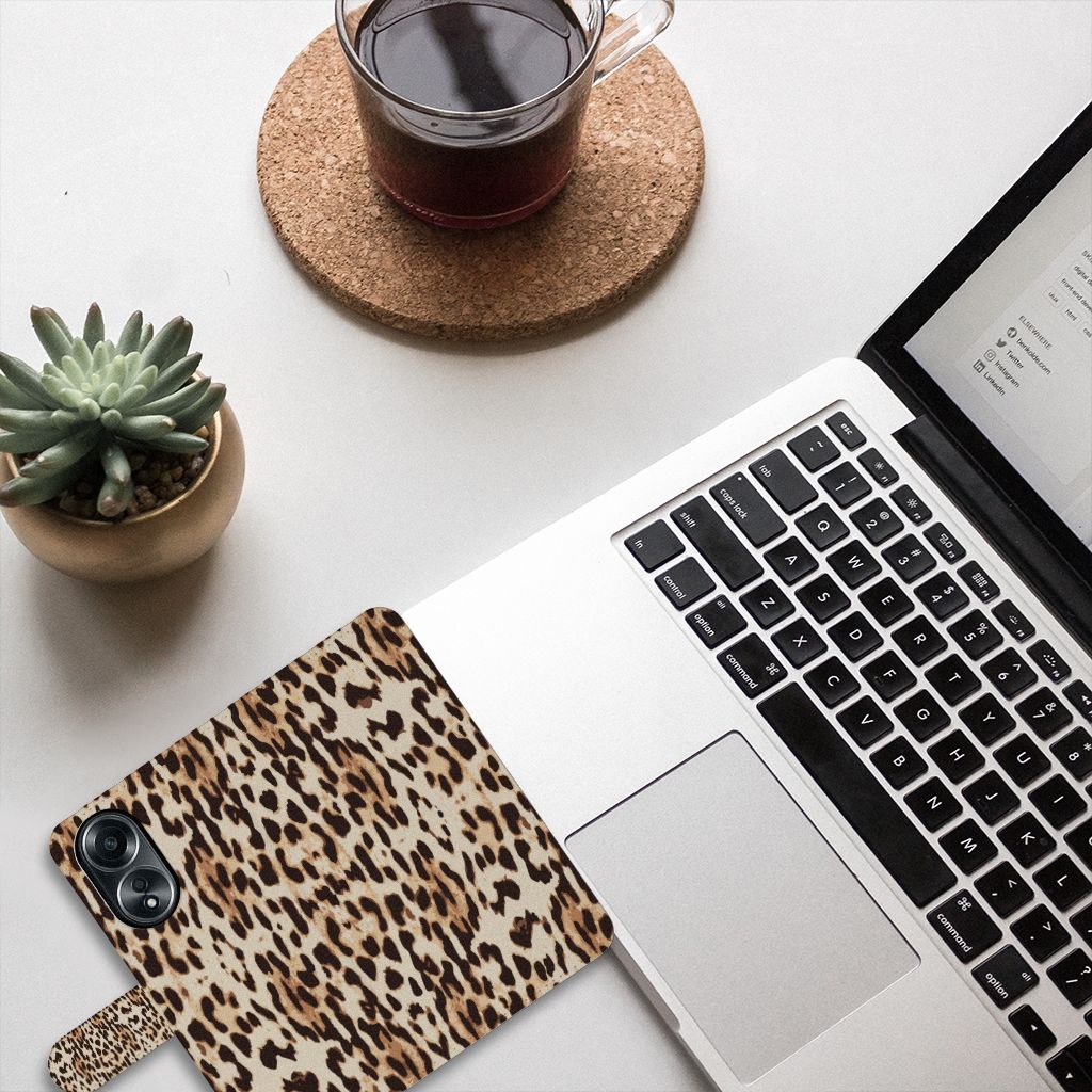 OPPO A58 4G Telefoonhoesje met Pasjes Leopard leopard design bovenkant