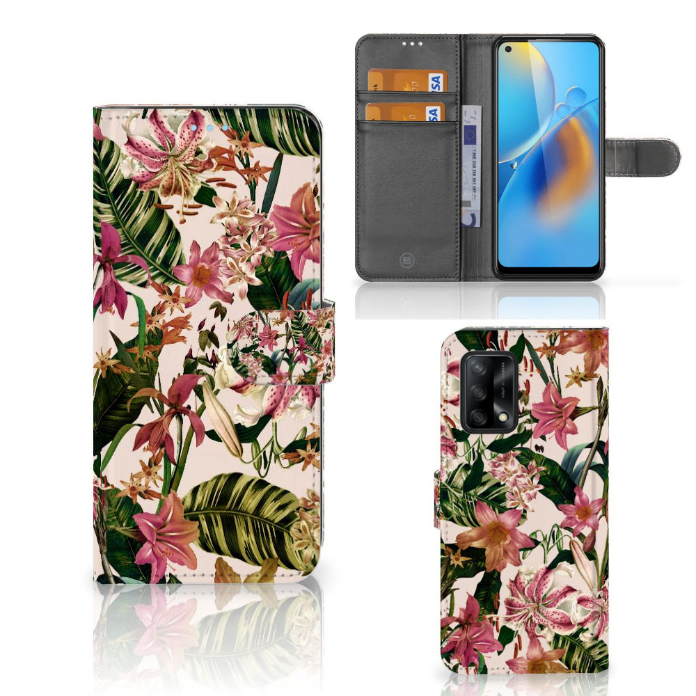OPPO A74 4G Hoesje Flowers telefoonhoesje bloemen foliedesign aanzicht