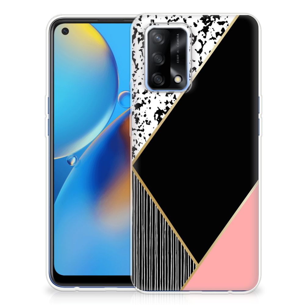 OPPO A74 4G TPU Hoesje Zwart Roze Vormen design voorkant