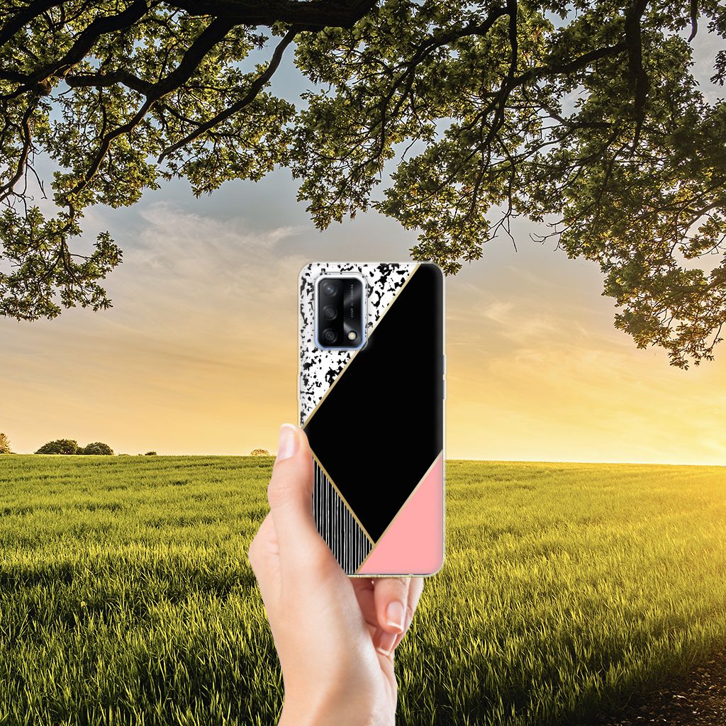 OPPO A74 4G TPU Hoesje Zwart Roze Vormen design zwart roze aanzicht
