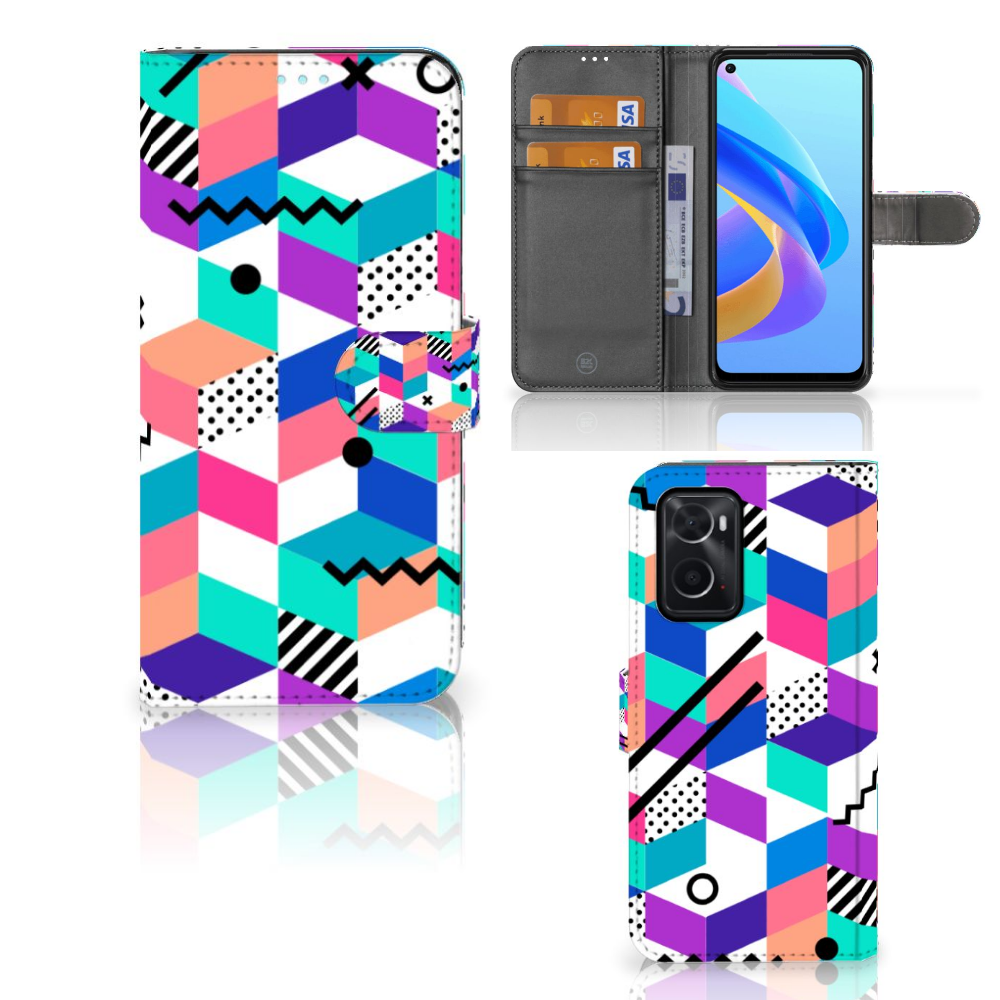 OPPO A76 | A96 Book Case Blokken Kleurrijk telefoonhoesje abstract design kleurrijk aanzicht