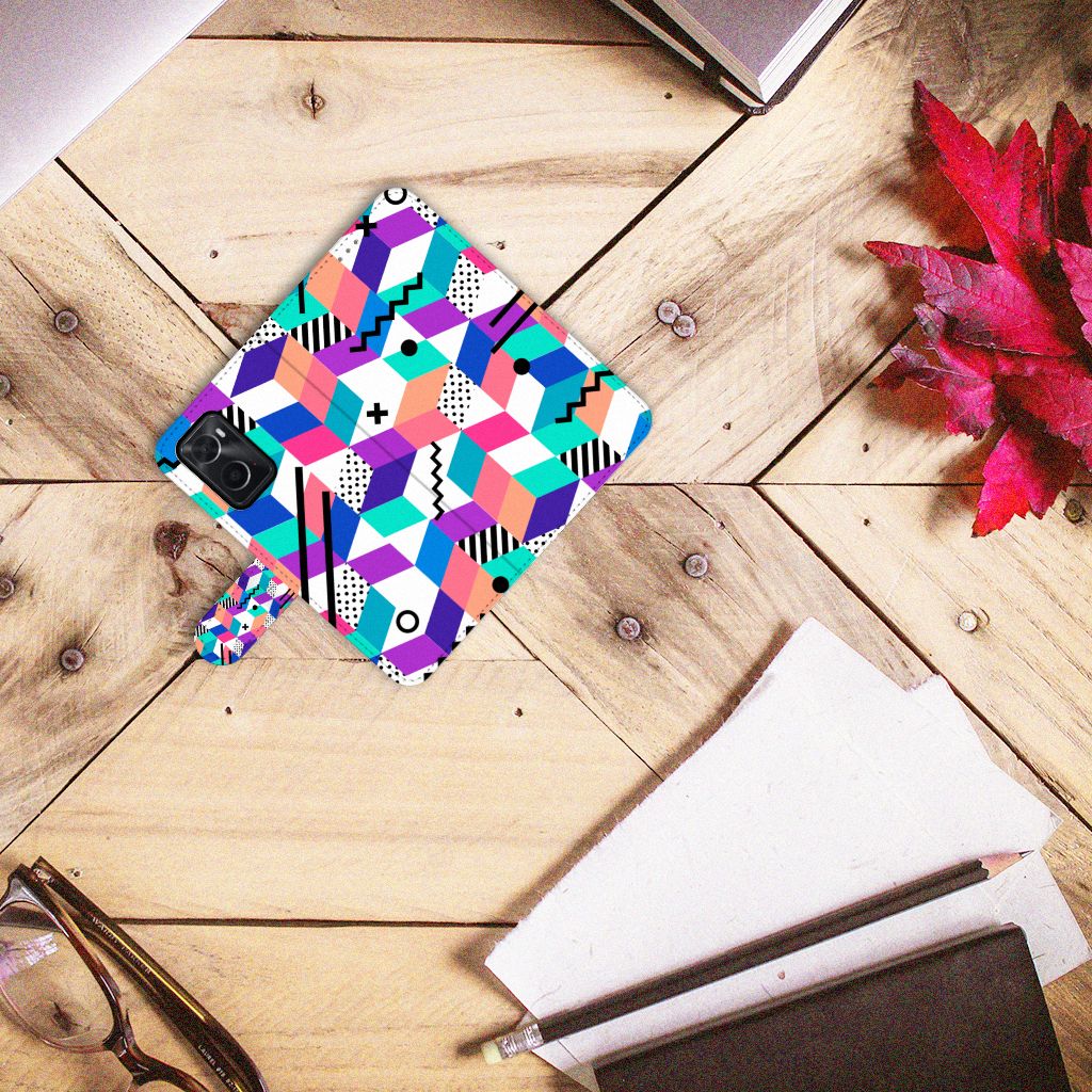 OPPO A76 | A96 Book Case Blokken Kleurrijk design blokken bovenaanzicht