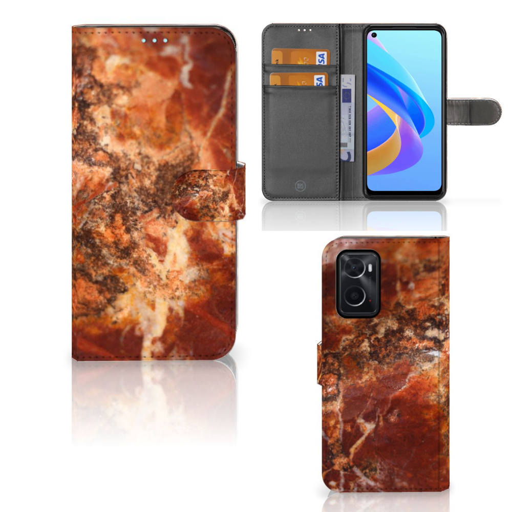 OPPO A76 | A96 Bookcase Marmer Bruin telefoonhoesje bruine marmer design voorkant achterkant binnenkant