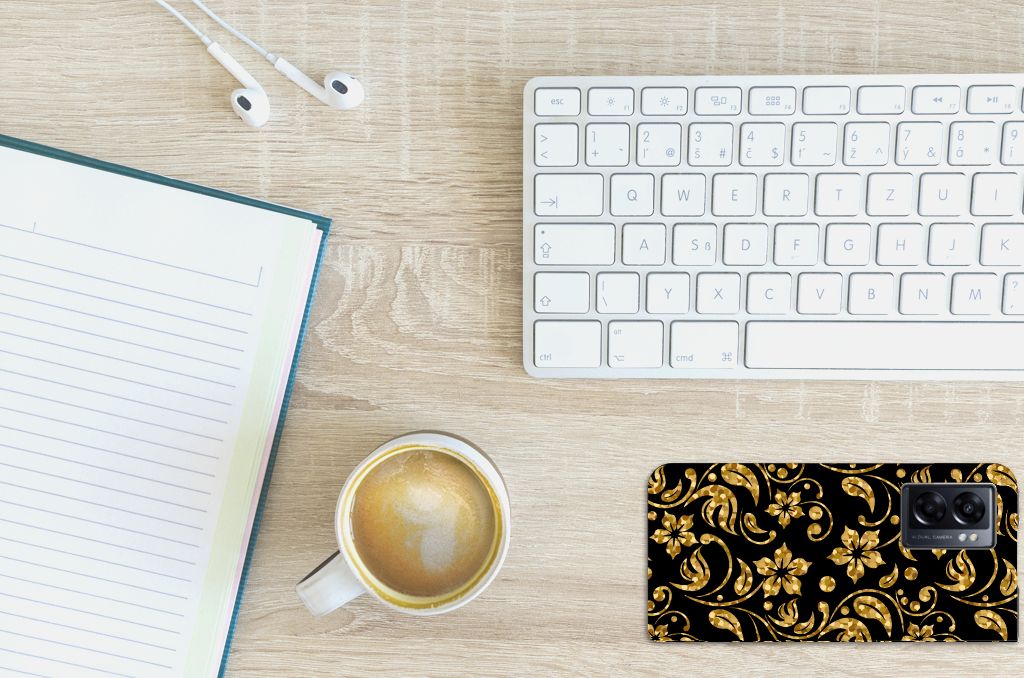 OPPO A77 5G | A57 5G Smart Cover Gouden Bloemen bovenaanzicht telefoonhoesje koffie toetsenbord notitieboek