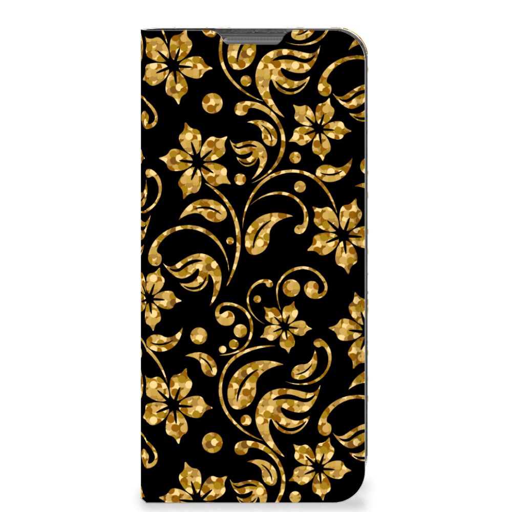 OPPO A77 5G | A57 5G Smart Cover Gouden Bloemen bloemen patroon zwart