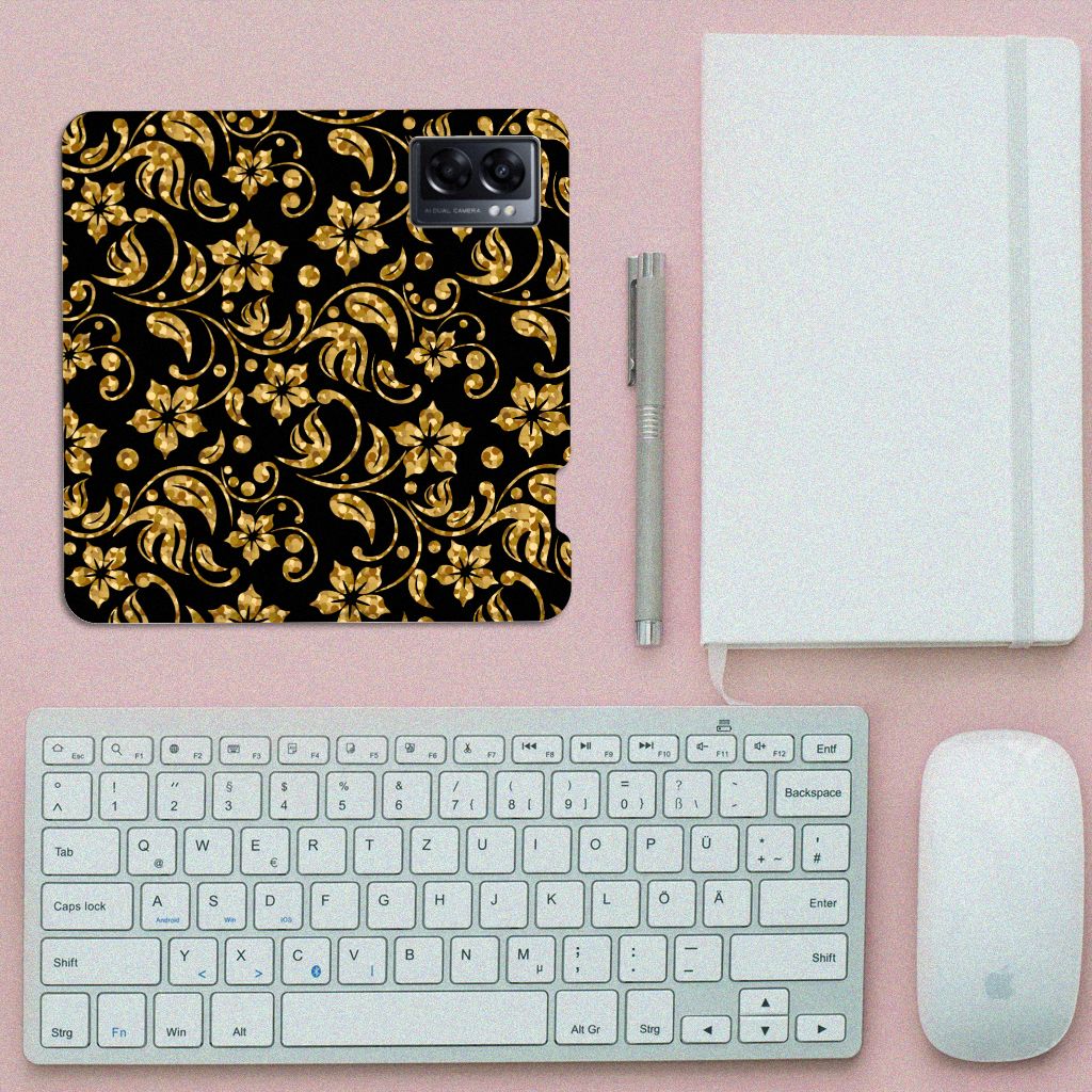 OPPO A77 5G | A57 5G Smart Cover Gouden Bloemen bovenaanzicht zwart goud