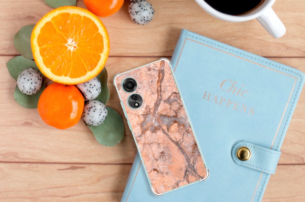 OPPO A78 4G Anti-Shock Hoesje Marmer Oranje achterkant fruit houten tafel