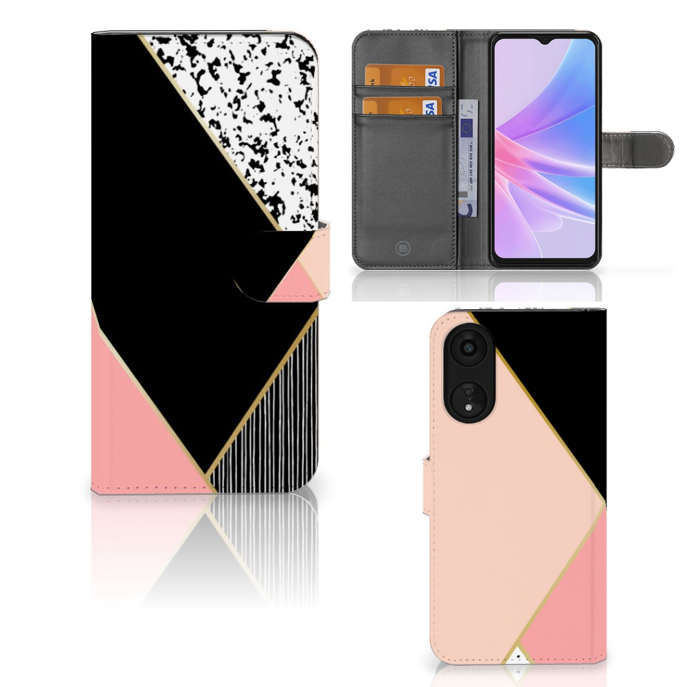 OPPO A78 5G | A58 5G Book Case Zwart Roze Vormen met geometrisch design en pasjesruimte, stijlvol en duurzaam.