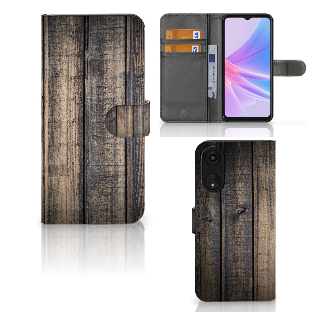 OPPO A78 5G | A58 5G Book Style Case Steigerhout bookstyle case houten design aanzicht