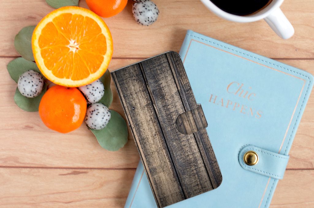 OPPO A78 5G | A58 5G Book Style Case Steigerhout bovenaanzicht met fruit en notitieboek