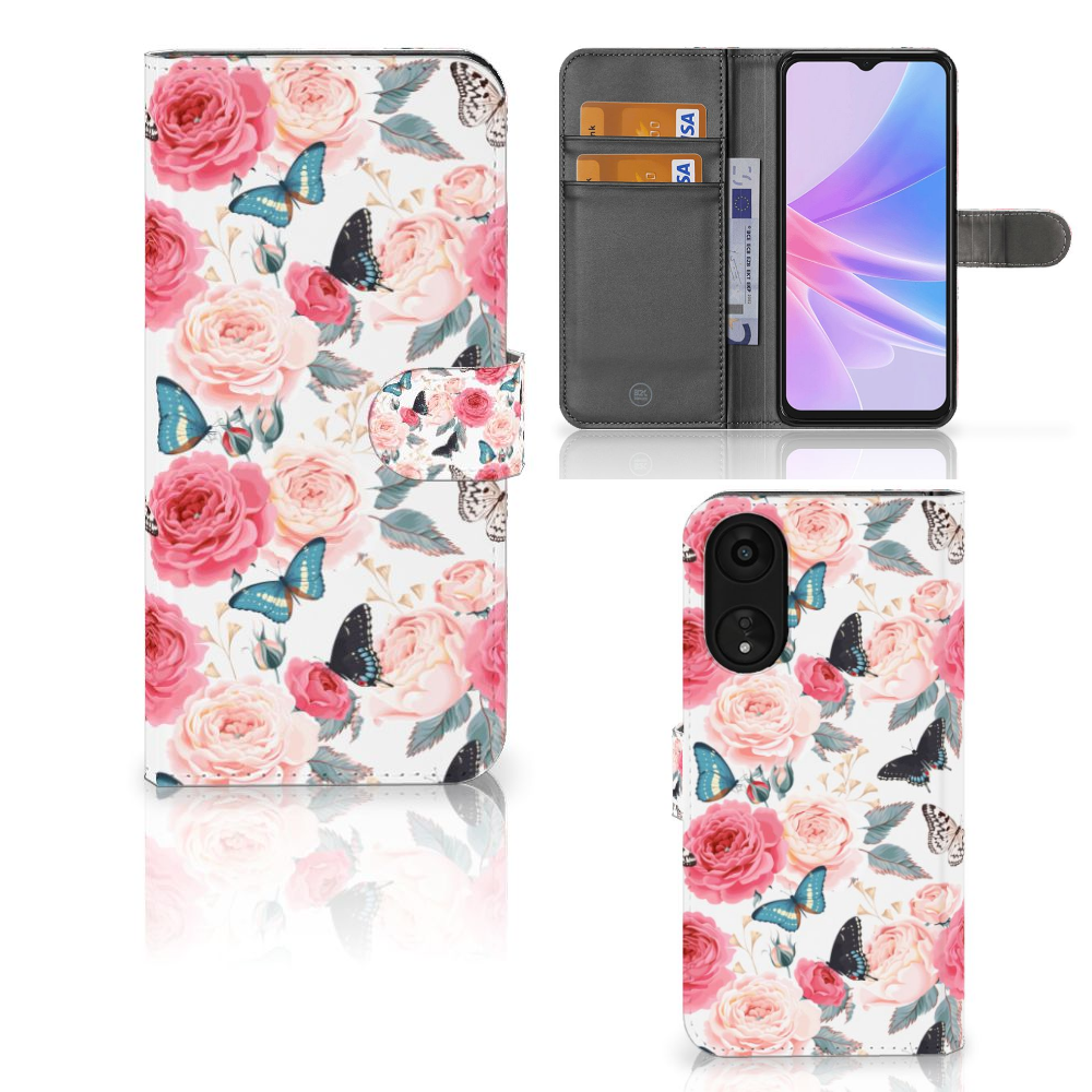 OPPO A78 5G | A58 5G Hoesje Butterfly Roses telefoonhoesje roze vlinders rozen
