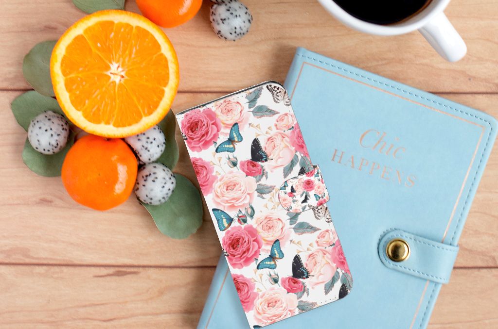 OPPO A78 5G | A58 5G Hoesje Butterfly Roses boekhoesje roze vlinders rozen aanzicht