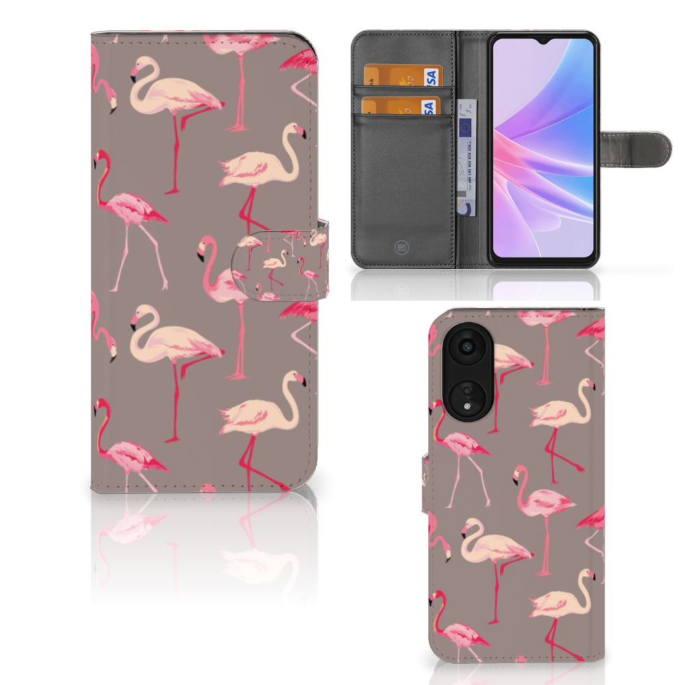 OPPO A78 5G | A58 5G Telefoonhoesje met Pasjes Flamingo hoesje flamingo design voorkant