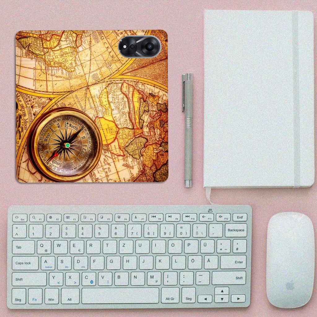OPPO A78 | A58 5G Book Cover Kompas kompas kaart bureau bovenaanzicht